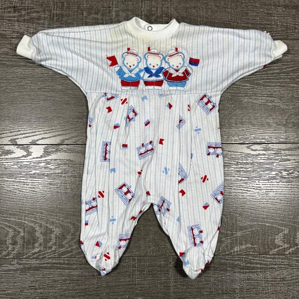 Vintage Little Me Nautical Sailor Bear Footed Sleeper White Blue Striped‎ Small